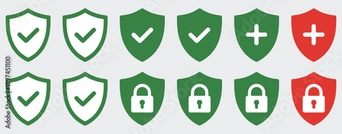 Shield security icon set, vector symbols of protection, locks, and check marks, suitable for cybersecurity, verified access, and business safety illustration.