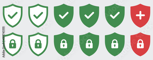 Shield security icon set, vector symbols of protection, locks, and check marks, suitable for cybersecurity, verified access, and business safety illustration.
