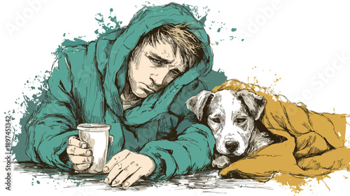Emotional Illustration of a Sad Man and His Dog