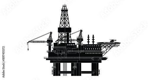Black and white illustration of an offshore oil and gas platform
