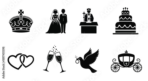 Wedding icons set including crown couple cake rings champagne dove carriage on white background for marriage and love themes