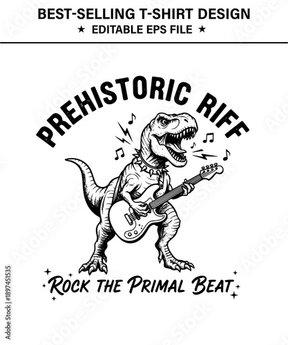 Dinosaur playing guitar  t-shirt design with musical notes and text prehistoric riff rock the primal beat isolated on transparent background