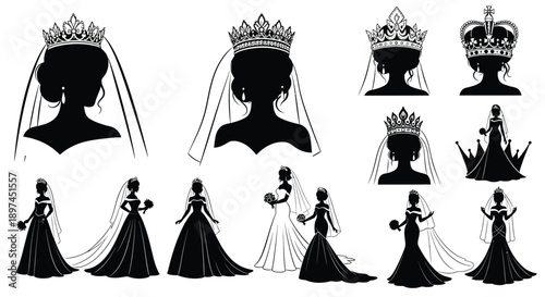 Collection of black silhouettes of brides in wedding dresses and crowns on white background for royalty and wedding concepts
