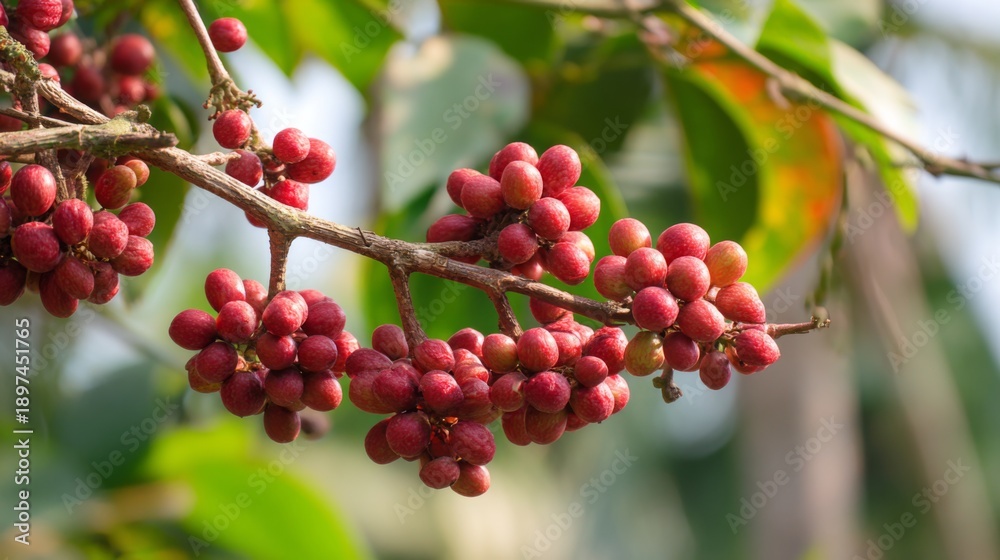 Fototapeta premium Ripe Red Fruit Clusters on Branch Surrounded by Lush Green Foliage in Natural Daylight