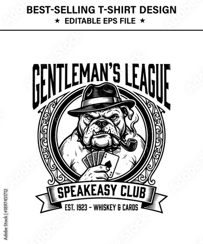 Vintagestyle bulldog t-shirt design illustration with hat and pipe holding playing cards in a circular frame with text gentlemans league speakeasy club