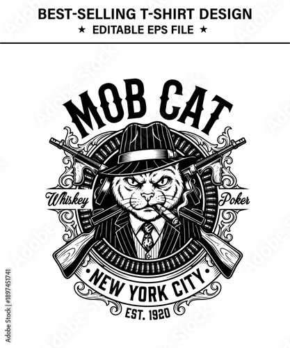Vintagestyle  t-shirt design graphic design of a cat in a suit and hat smoking a cigar with guns and whiskey isolated on transparent background