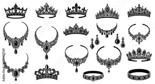 Collection of ornate black crowns and jewelry on white background royalty symbols decorative accessories