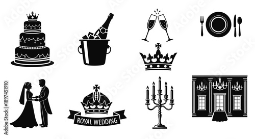 Royal wedding icons and symbols with crowns champagne cake and utensils on white background for luxury event design