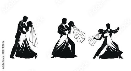 Silhouettes of romantic couples waltzing dancing and twirling in elegant formal attire on white background