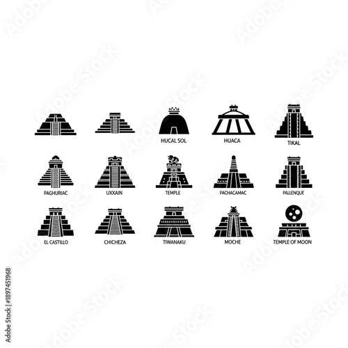 Collection of ancient Mesoamerican pyramid silhouettes with labels on white background