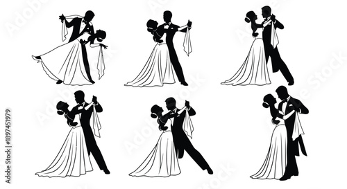 Silhouettes of couples dancing in various ballroom dance poses romantic waltz and tango movements elegant formal wear black and white