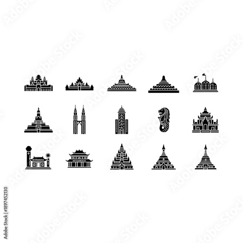 Collection of iconic architectural landmarks and monuments from around the world in illustrations