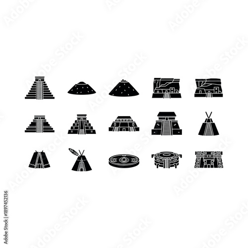 Collection of ancient monument and tribal dwelling illustrations showcasing diverse architectural styles globally in black and white vector graphics