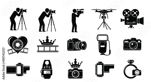 Collection of black icons representing photography and filmmaking equipment including cameras tripods drones and film strips on a white background symbolizing creativity and media