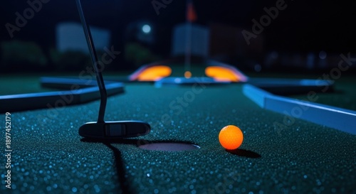 Illuminated miniature golf scene at night, featuring a glowing ball about to be putted