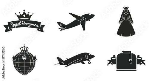 Royal honeymoon travel icons with airplane crown dress globe and luggage on white background
