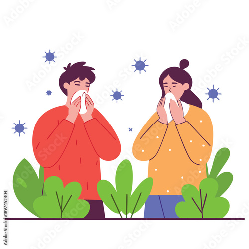 Sick Couple Vector Illustration Feeling Unwell Suffering From Cold Season Affecting Health And Wellbeing