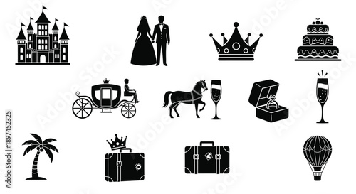 Black icons of wedding symbols and travel items on white background for luxury honeymoon concepts