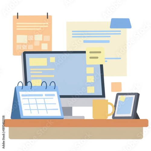 An illustration of a computer workspace with calendar, mug, and papers on a desk.
