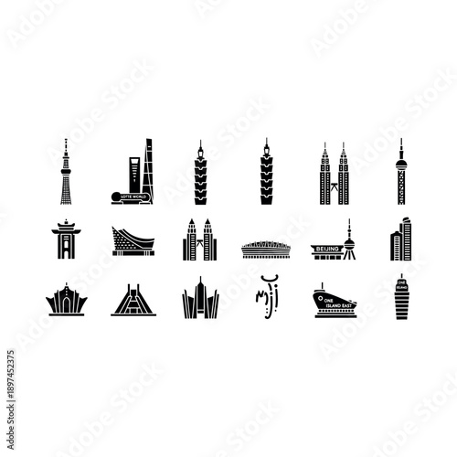 Collection of famous landmarks and monuments from around the world in black and white illustration