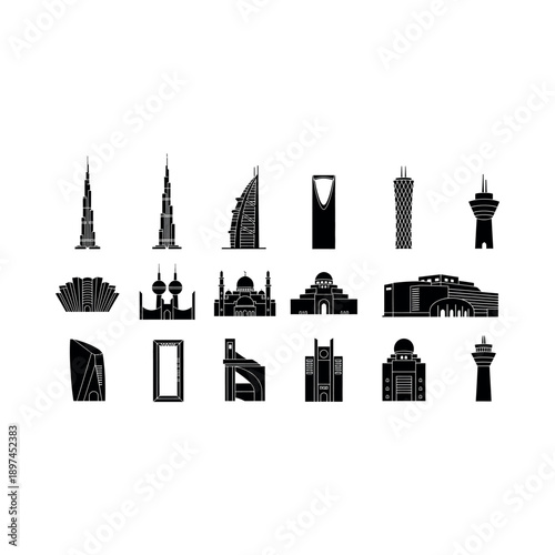 Illustrations of various famous buildings and structures in the city landscape.