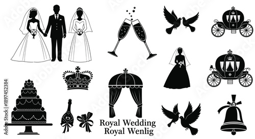 Black silhouettes of wedding icons royal marriage symbols and festive elements on white background