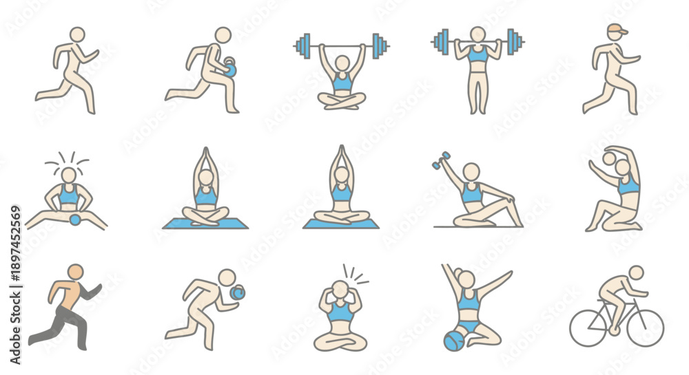 Fototapeta premium diverse fitness exercise icons depicting workout routines running yoga weightlifting cycling active healthy lifestyle.