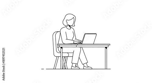 a dedicated professional woman focused working on her laptop at a modern desk clean line art illustration for remote work and office productivity.