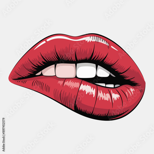 Shiny red lips biting lower lip, vector illustration of seductive mouth