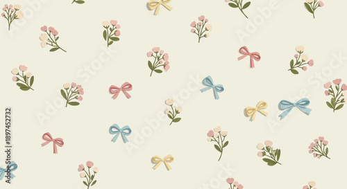 sweet seamless pattern with pastel flowers and bows on a cream background ideal for baby shower invites and nursery decor.