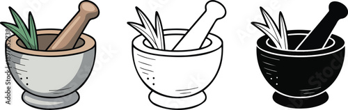 Mortar and pestle silhouette & Outline and illustration set isolated on transparent background