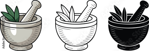 Mortar and pestle silhouette & Outline and illustration set isolated on transparent background
