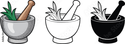 Mortar and pestle silhouette & Outline and illustration set isolated on transparent background