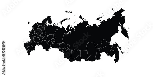 Russia Map with Federal Subjects and Administrative Divisions Black Silhouette