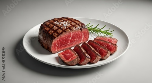 Perfectly cooked medium rare beef tenderloin steak resting on a simple white dinner plate, ready to be enjoyed as a gourmet meal, fine dining, fresh, juicy