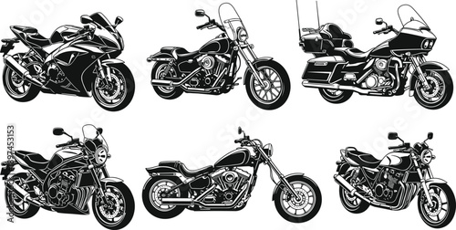 Motorcycle Illustration Set Featuring Sport, Cruiser, Touring and Chopper Bikes, Detailed Black and White Vector Motorbike Artwork Collection Design Use