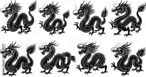 Set of traditional black Chinese dragon silhouettes in dynamic poses isolated on white background for cultural design projects