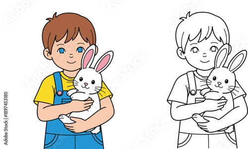 Cute boy holding a white rabbit vector illustration with coloring book page outline for kids education and activity