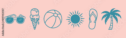 Collection of flat summer icons including sun sunglasses ice cream beach ball flip flop and palm tree