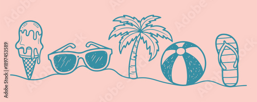 Summer line art icons featuring ice cream sunglasses palm tree beach ball and flip flop