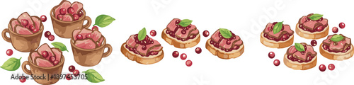 Cute appetizer illustration set with pâté canapés, crostini and cups, garnished with berries and herbs, hand drawn style, isolated on white background