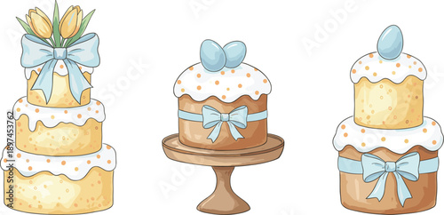 Easter cake illustration set with pastel blue eggs, ribbons and tulips, festive spring desserts isolated on white background