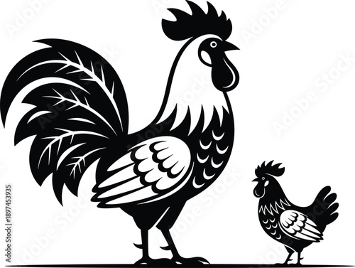 Vector, black, and, white, folk, art, illustration, of, roosters, and, hens, with, eggs, and, leaves, for, traditional, farm, poultry, and, rural, decor, design