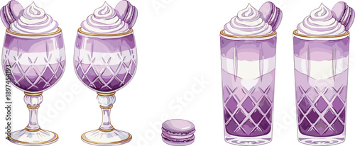 Purple dessert drink illustration set with cream topping and macarons, elegant sweet beverages in glassware isolated on white
