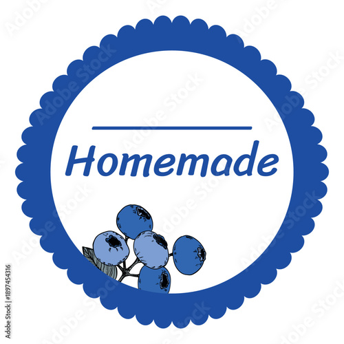 Template jam label design. Retro homemade label. Blueberry marmalade dessert product. Doodle vector illustration.