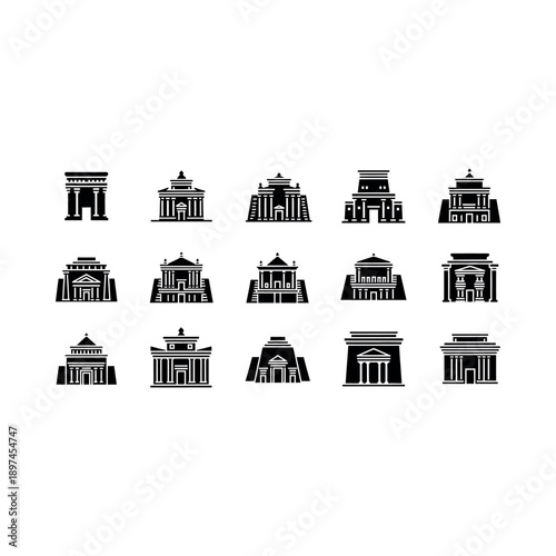 Collection of iconic building silhouettes in various architectural styles on white
