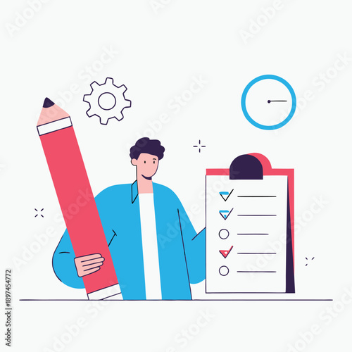 Illustration Design Showcases Efficient Planning with Man, Checklist, Gear, and Pencil in Modern Style for Time Management