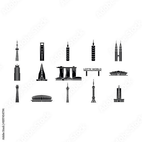 Illustrations of famous buildings and landmarks in a city landscape