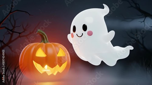 Creating a Friendly Halloween Scene with a Playful Ghost and Smiling Pumpkin