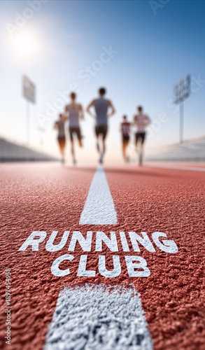 Running track with a red textured surface and a sign displaying the text Running Club. Concept of athletic training, fitness community, outdoor sport and active lifestyle background with copy space.